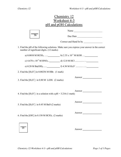 Chemistry 12 Ph Worksheet Answers PDF