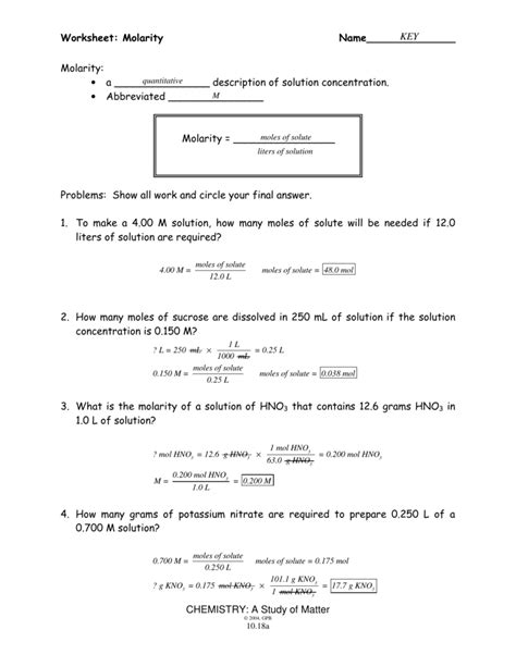 Chemistry A Study Of Matter Worksheet Answers Molarity PDF