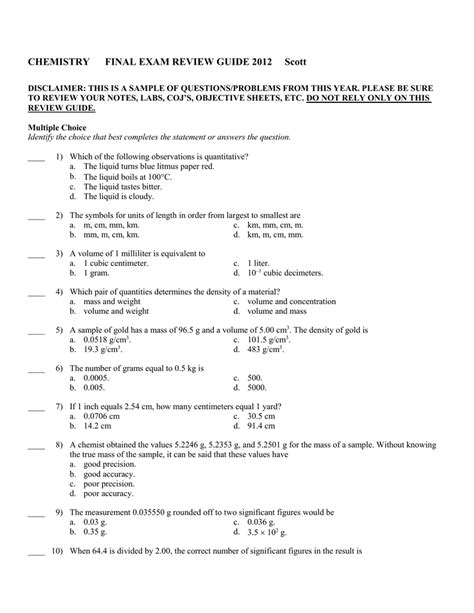 Chemistry Final Exam Answers 2012 Doc