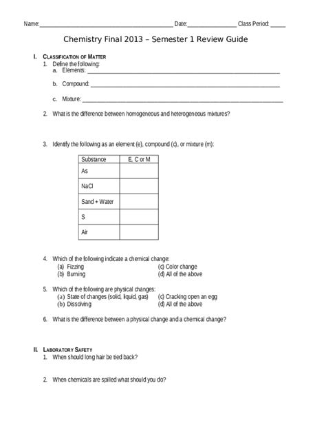 Chemistry Midterm Review Packet Answers 2013 PDF