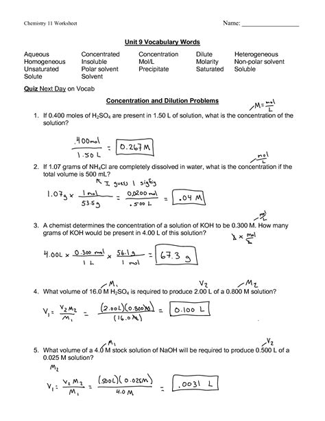 Chemistry Molarity Of Solutions Worksheet Answers With Work Kindle Editon