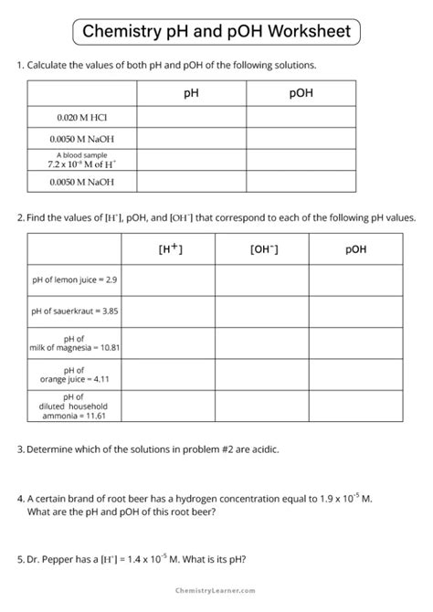 Chemistry Ph And Poh Calculations Worksheet Answers Kindle Editon