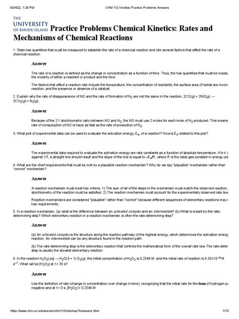 Chemistry Reaction Kinetics Practice Problems Answers Reader