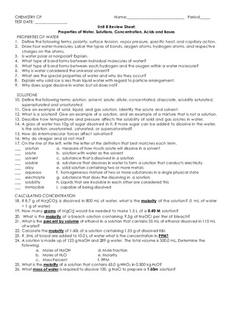 Chemistry Review Sheet Unit 8 Answer Key Doc