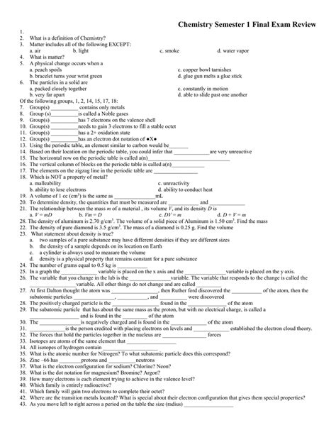 Chemistry Semester 1 Final Exam Review Answers Reader