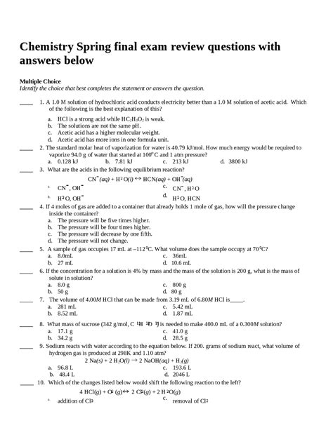 Chemistry Spring Final Exam Review Answers Epub