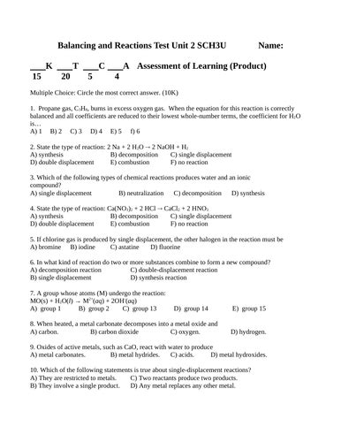 Chemistry Test Chemical Reactions Answers Kindle Editon