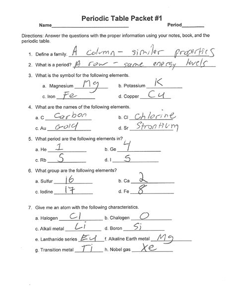 Chemistry The Periodic Table Packet Answers Doc