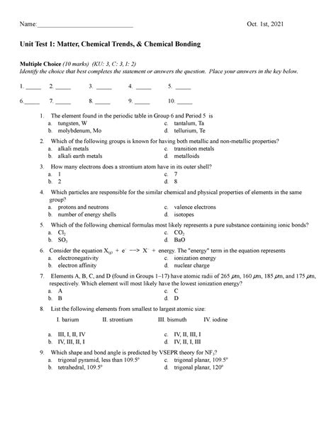 Chemistry Unit 1 Test Answers Doc