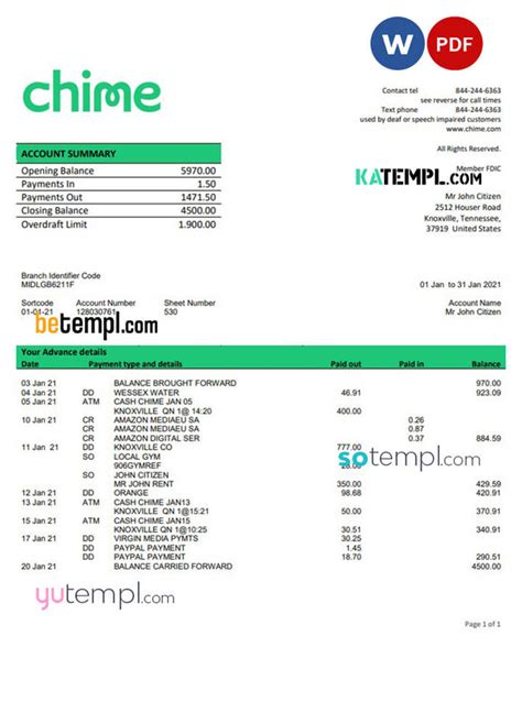 Chime Bank Statement Template