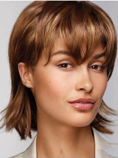 Chin Length Monofilament Brown Straight With Bangs Realistic Looking Synthetic Wigs