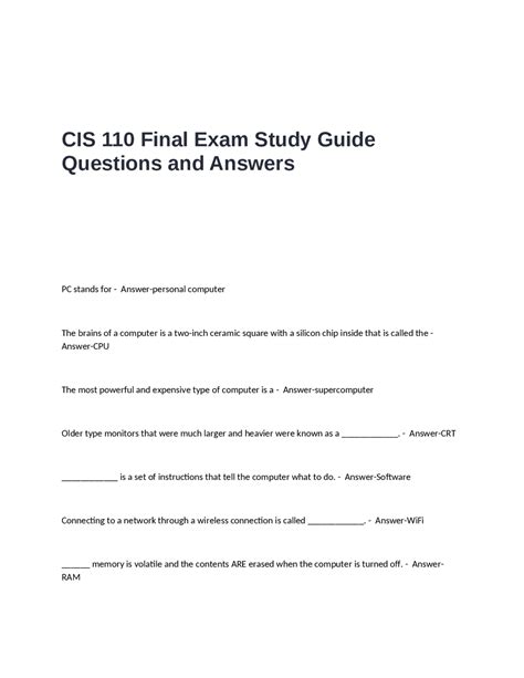 Cis 110 Final Exam Answers Epub