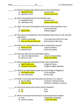 Citizenship Test Answer Key Kindle Editon