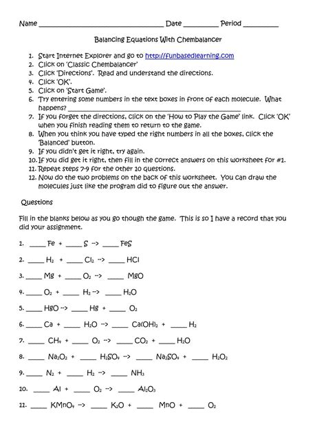 Classic Chembalancer Worksheet Answers Doc