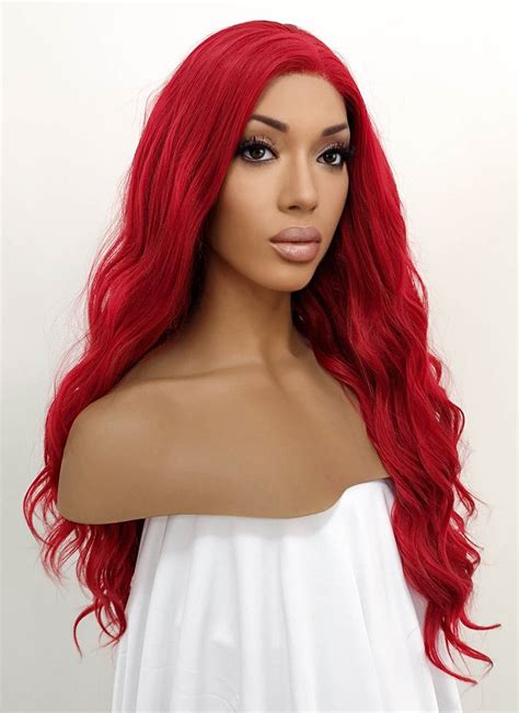 Classic Red Long Wavy 22 Inches Lace Front Synthetic Wigs