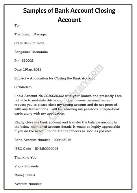 Close Bank Account Letter Template