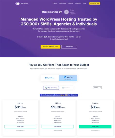 Cloudways dashboard showing a live website