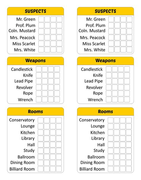 Cluedo Card Game Answer Sheets PDF