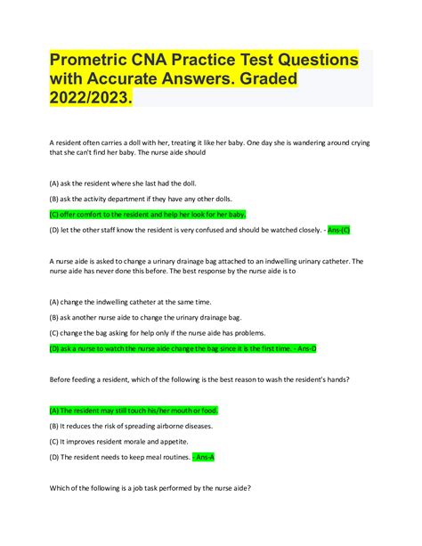 Cna Sample Test Questions Answers Doc