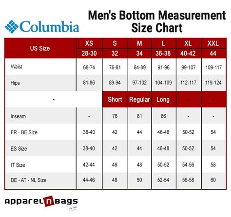 Columbia Pants Size Chart