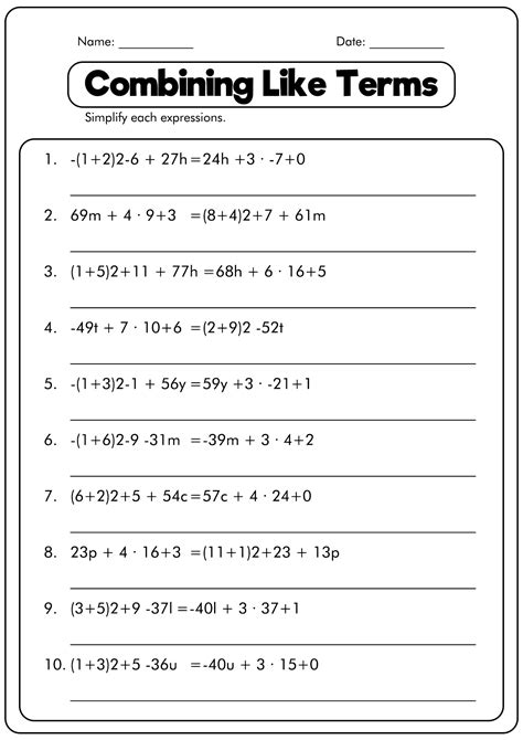 Combine Like Terms Worksheet Answer PDF