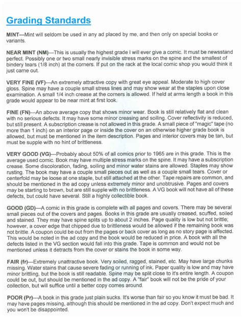 Comic Book Grading Chart