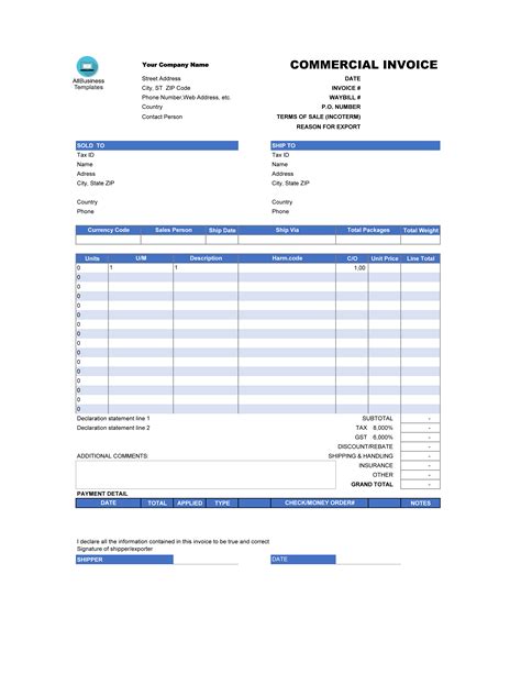 Commercial Invoice Template Excel