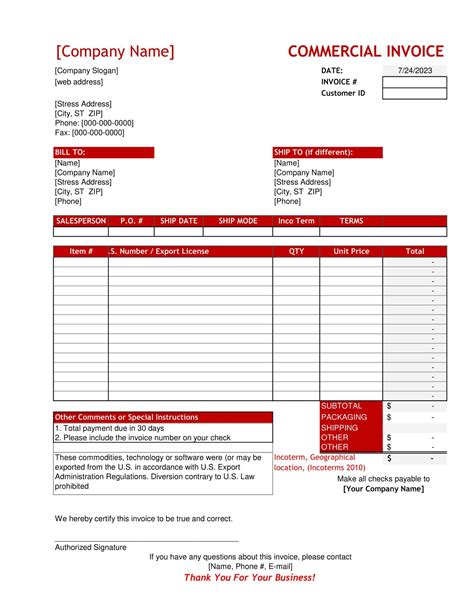 Commercial Invoice Template Word Free