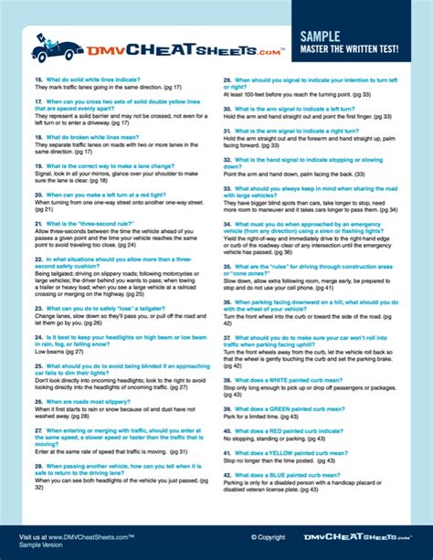 Common Dmv Exam Questions Printable Cheat Sheets