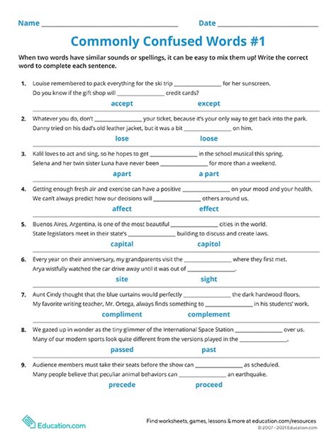 Commonly Confused Words Worksheet 1 Answers PDF