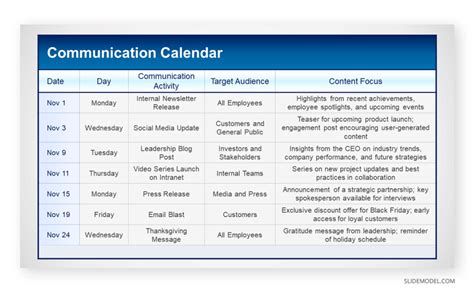 Communication Calendar Template