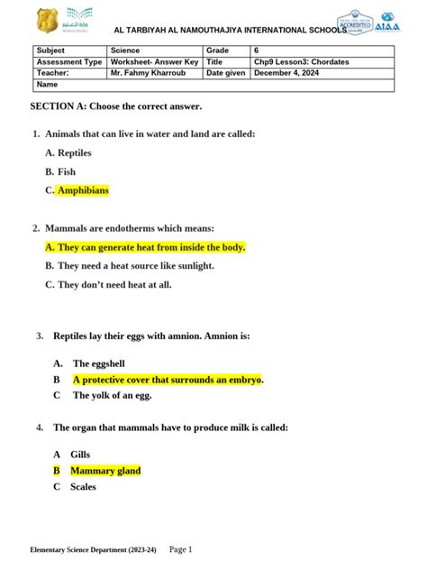 Comparing Chordates Answer Key Doc