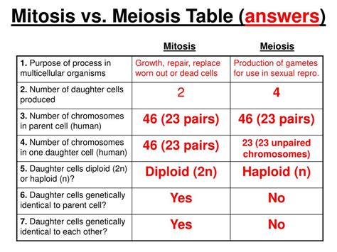 Comparing Mitosis And Meiosis Chart Answers Reader