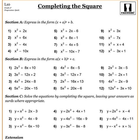 Completing The Square Worksheet With Answers Epub