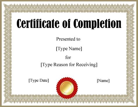 Completion Certificate Template Word