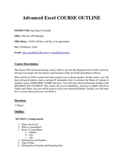Comprehensive Advanced Excel Course Outline