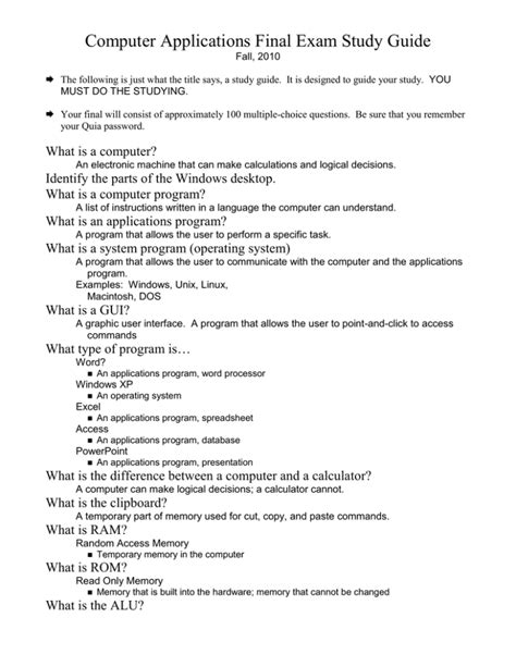 Computer Applications Study Guide Answers Doc