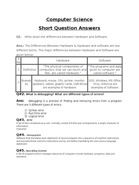 Computer Science Short Questions Answers Doc