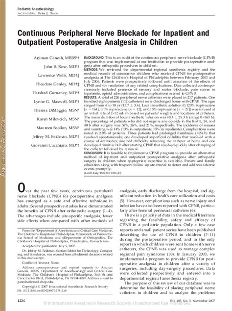 Conduction Blockade for Postoperative Analgesia PDF