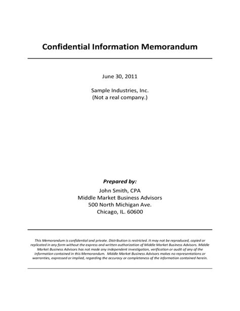 Confidential Information Memorandum Template