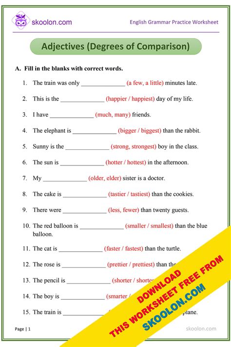 Conquer Comparing Words: Engaging Degrees of Comparison of Adjectives Worksheets for Fun & Learning!