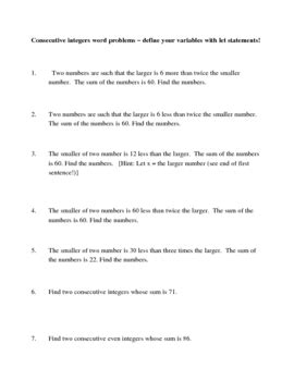 Consecutive Integers Word Problems Answers Doc