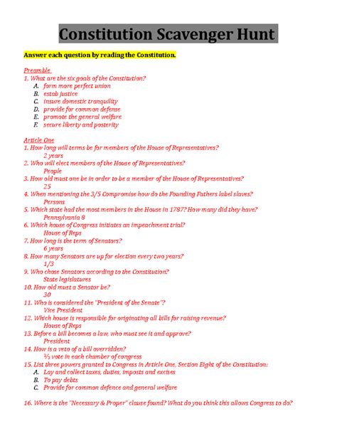 Constitution Scavenger Hunt Anagram Answer Key Doc