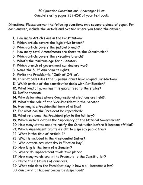 Constitutional Scavenger Hunt Answer Key 50 Questions Doc