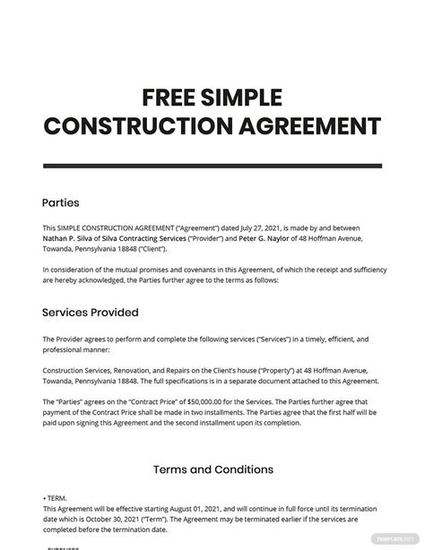 Construction Agreement Template Free