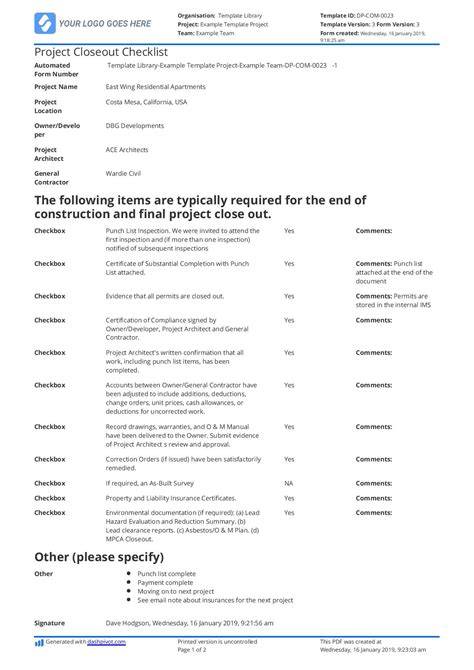 Construction Closeout Document Template