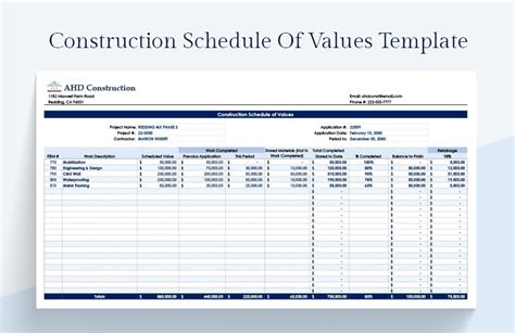 Construction Schedule Of Values Template