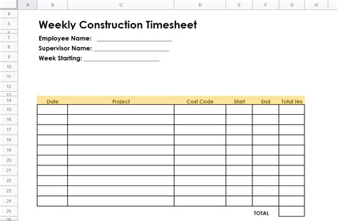 Construction Weekly Timesheet Template