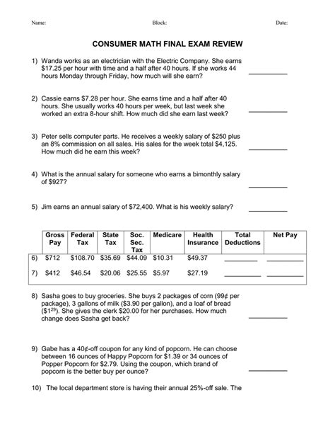 Consumer Math Answer Key Test PDF