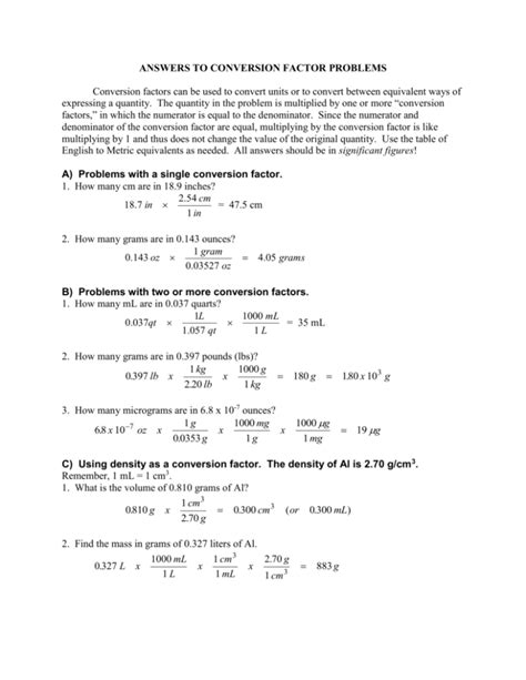 Conversion Factors Practice Problems With Answers Doc